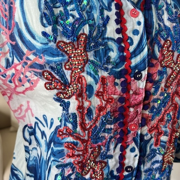 Antica Sartoria Beach Shirt Dress Button Front Cover Up Resort Wear Sequin Small - Picture 15 of 15